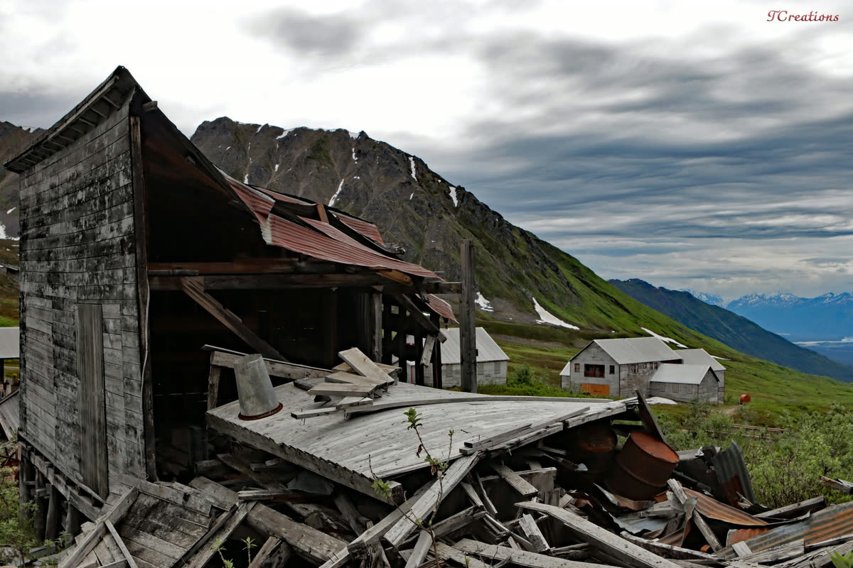 A collapsed mining building in the mountains